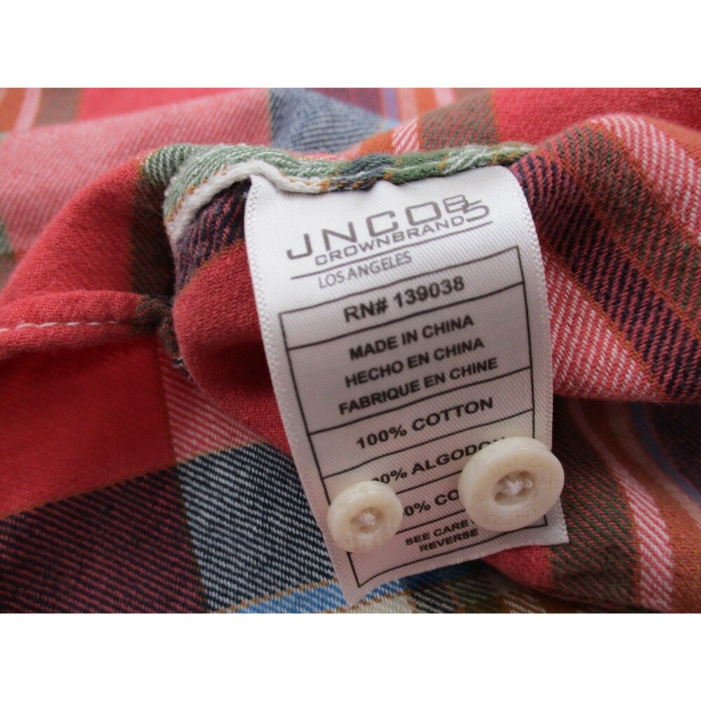 JNCO Shirt Womens Large Pink Blue Flannel Button Up Long Sleeve Top Crown Brand - Picture 5 of 9